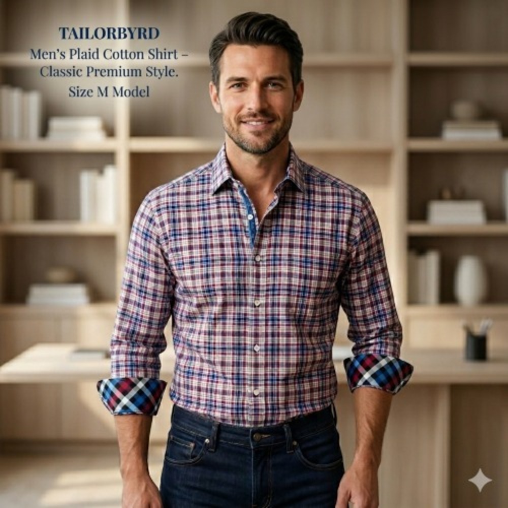Tailorbyrd Men's Plaid Cotton Shirt‎ M – Classic Style w/ Contrast Cuffs